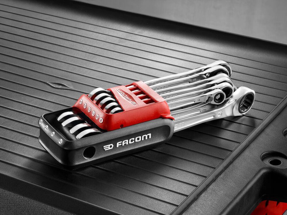 Set of FACOM wrenches on workbench