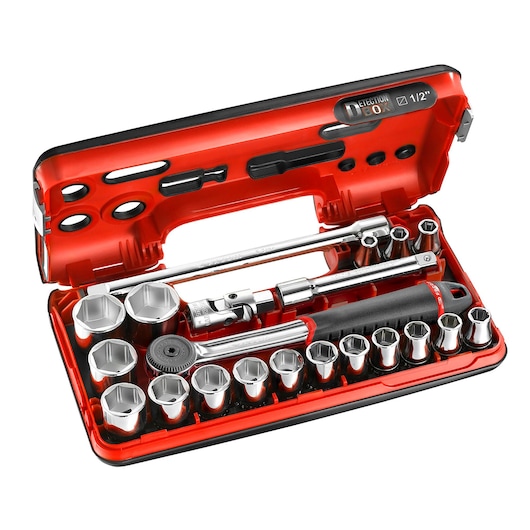 1/2" socket set, 21 pieces, DBOX, performance round head ratchet